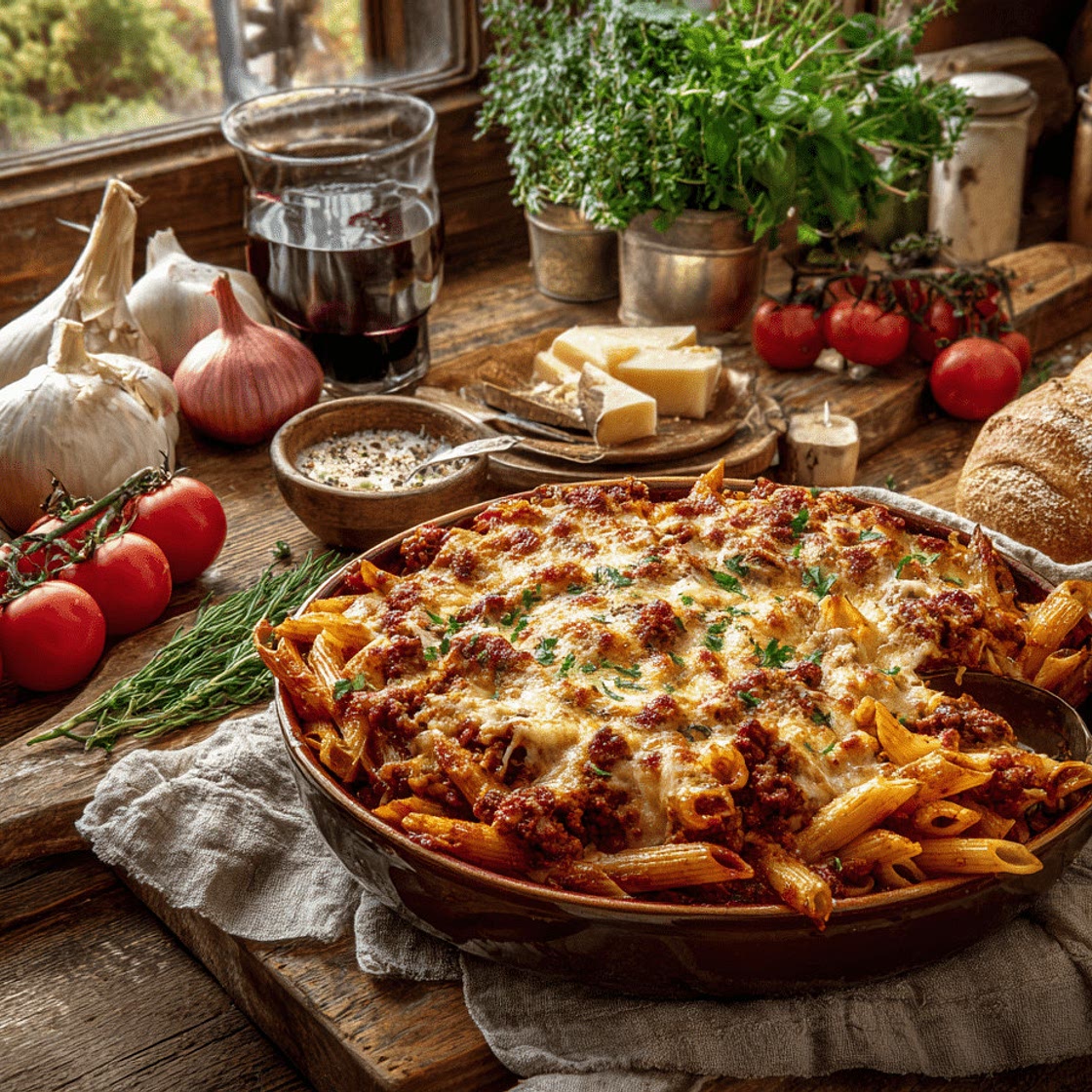 Amazing Baked Penne With Minced Lamb in a Herb Tomato Sauce