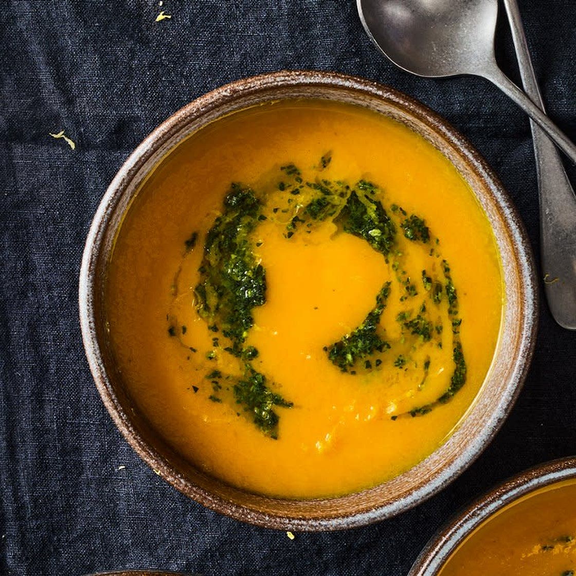 Roasted Carrot Soup with Lemon Pesto