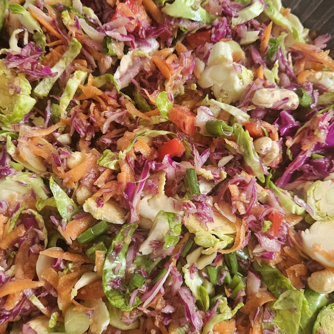 Cashew Crunch Shredded Brussels Sprouts Salad with Sesame Ginger Dressing