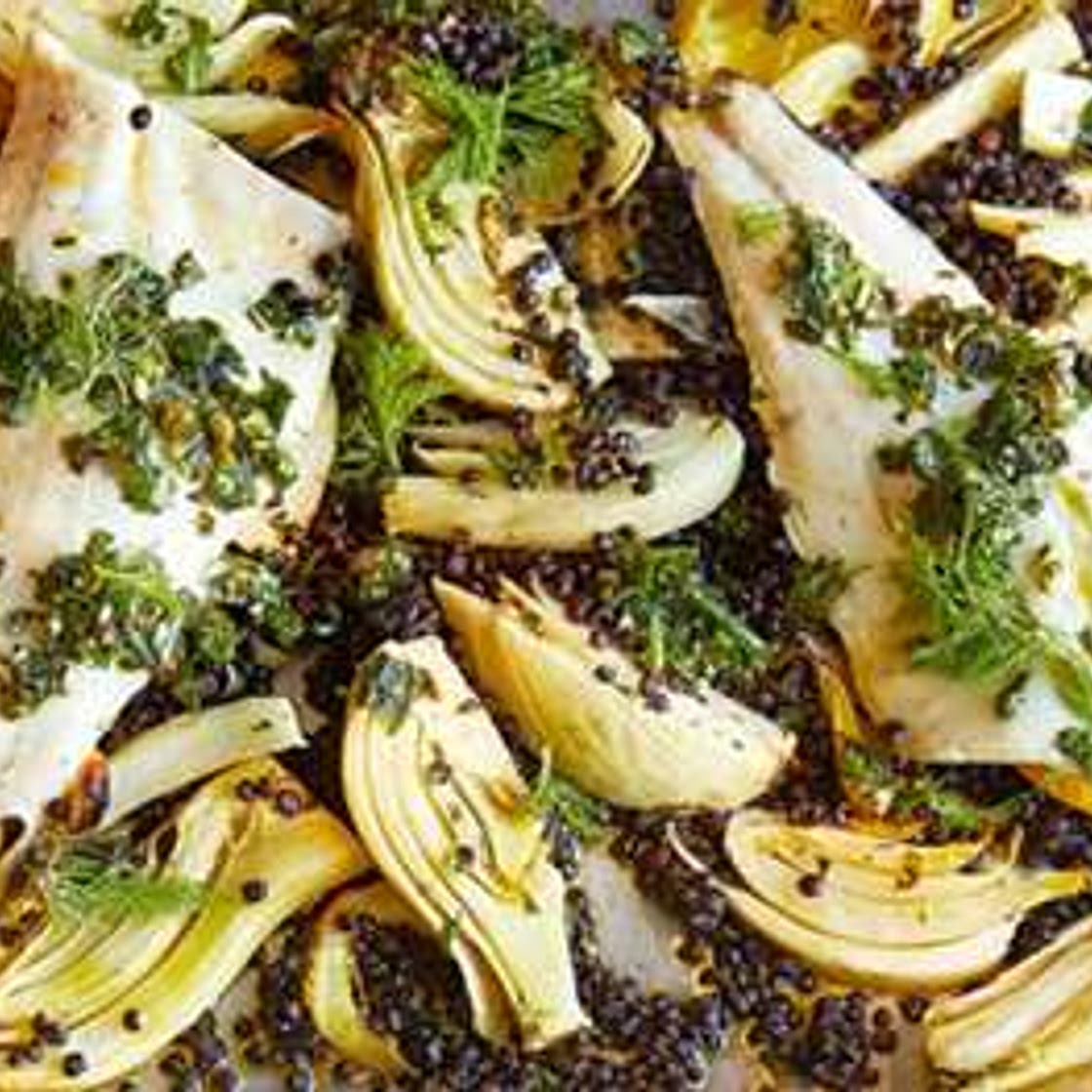 Sea bass, fennel & lentil traybake with salsa verde