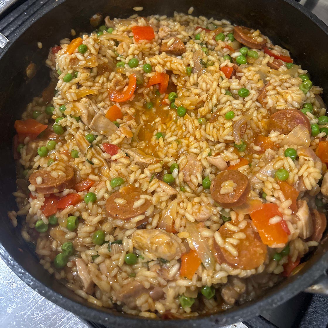 Delicious paella with chicken and chorizo