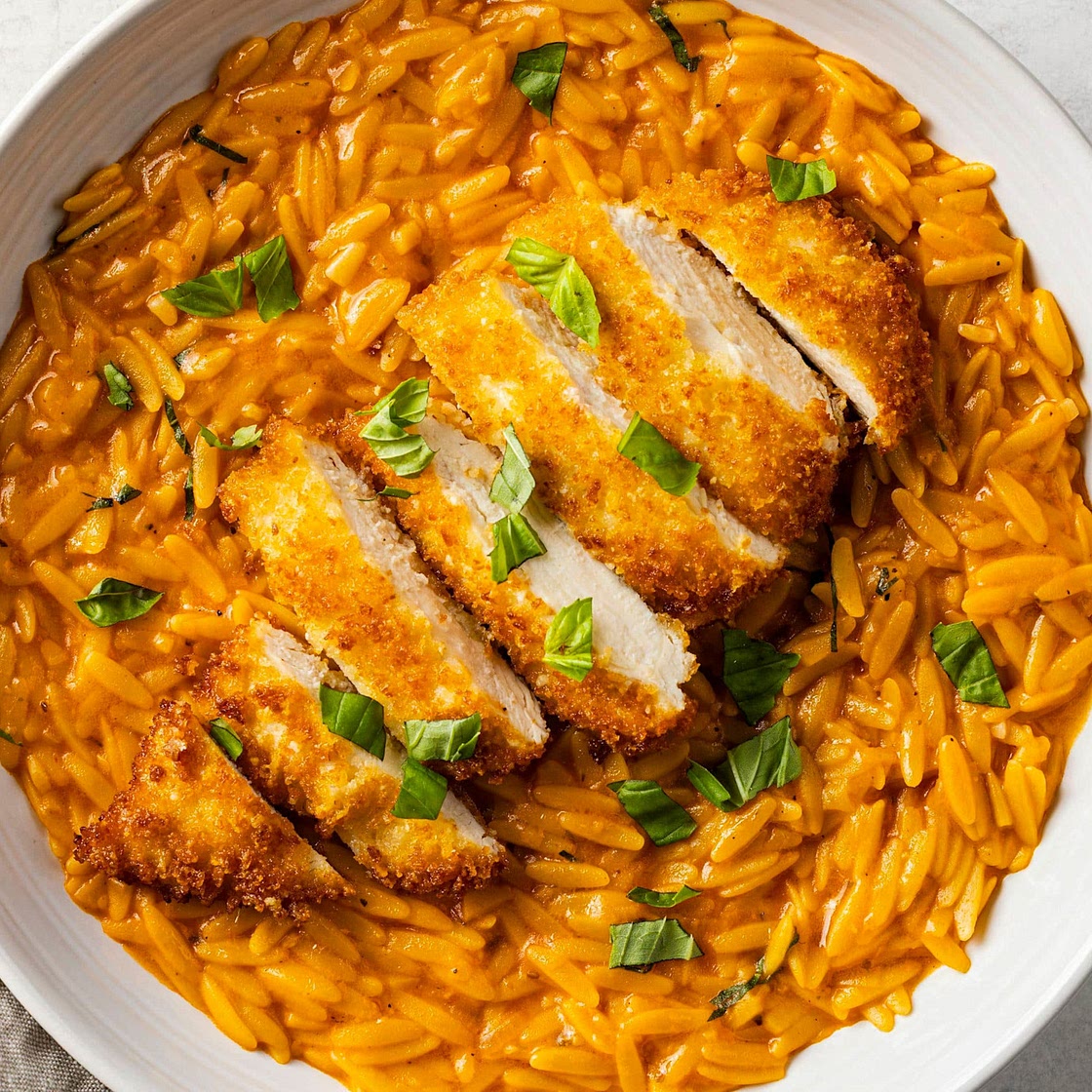 Creamy Tomato Orzo with Crispy Parmesan Chicken