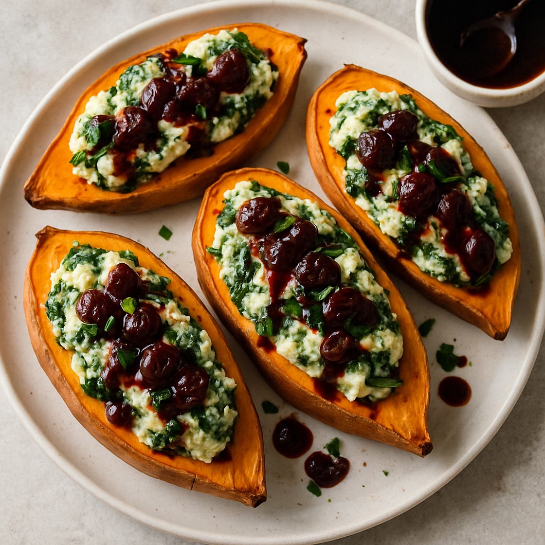 Creamy Ricotta & Spinach Stuffed Sweet Potatoes with Balsamic Cranberry Glaze