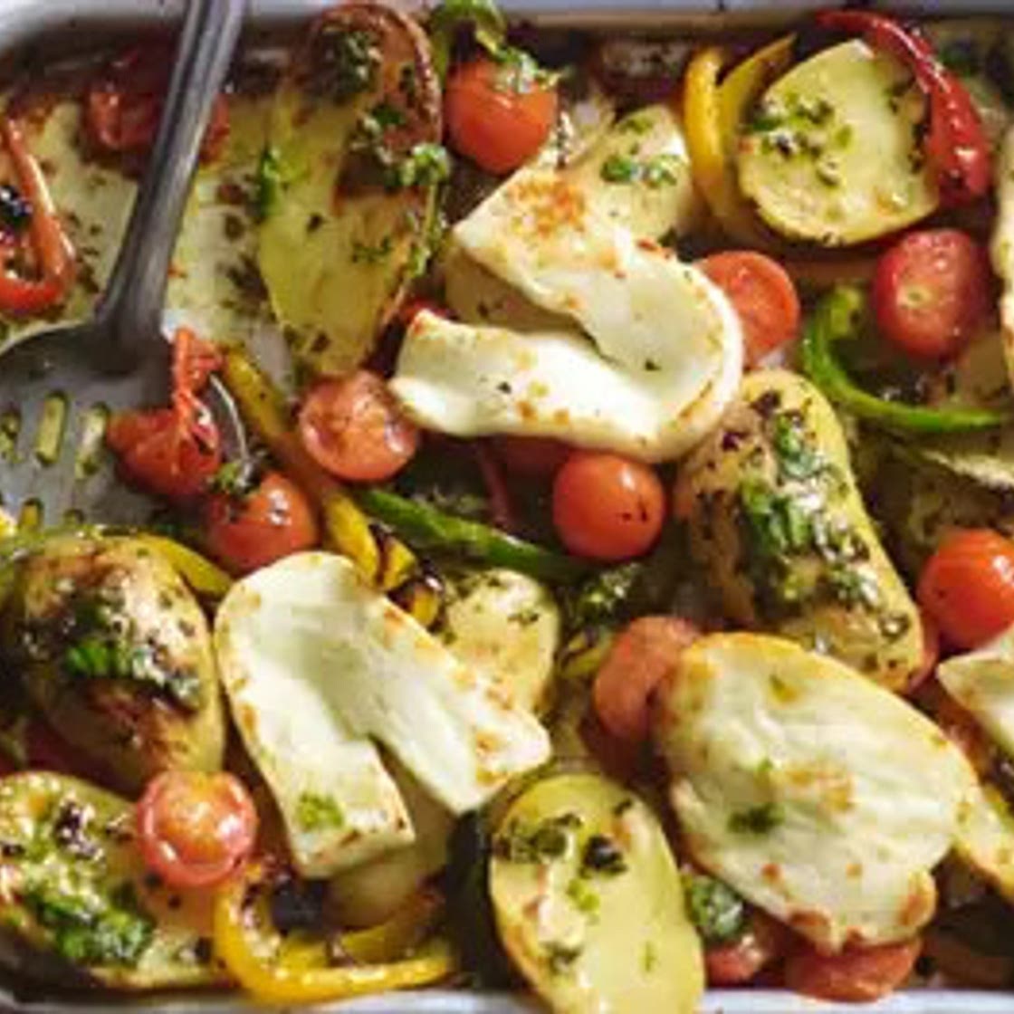 Mediterranean roasted halloumi with basil dressing
