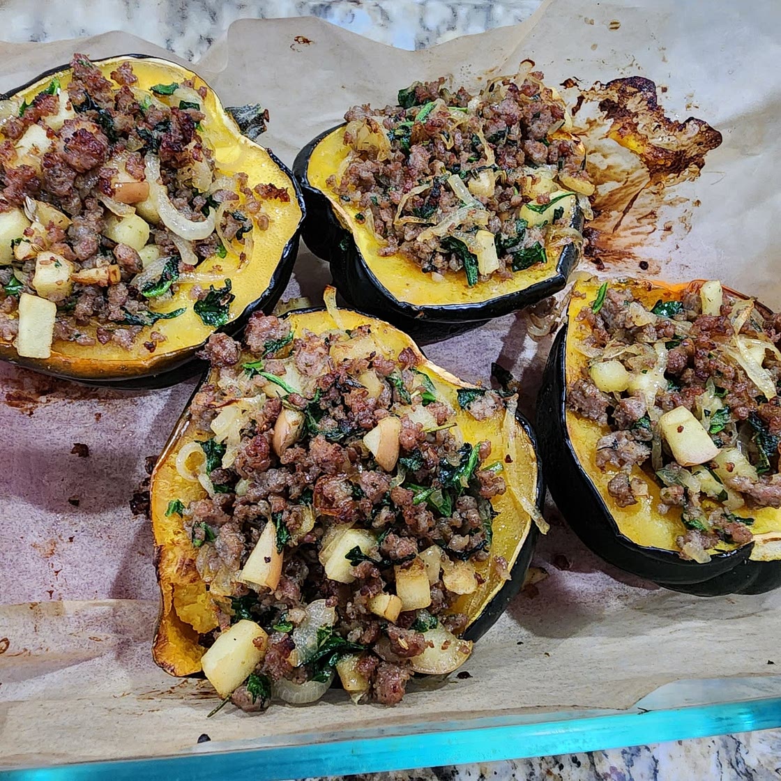 Caramelized Onion, Apple and Sausage Stuffed Acorn Squash {Paleo & Whole30}
