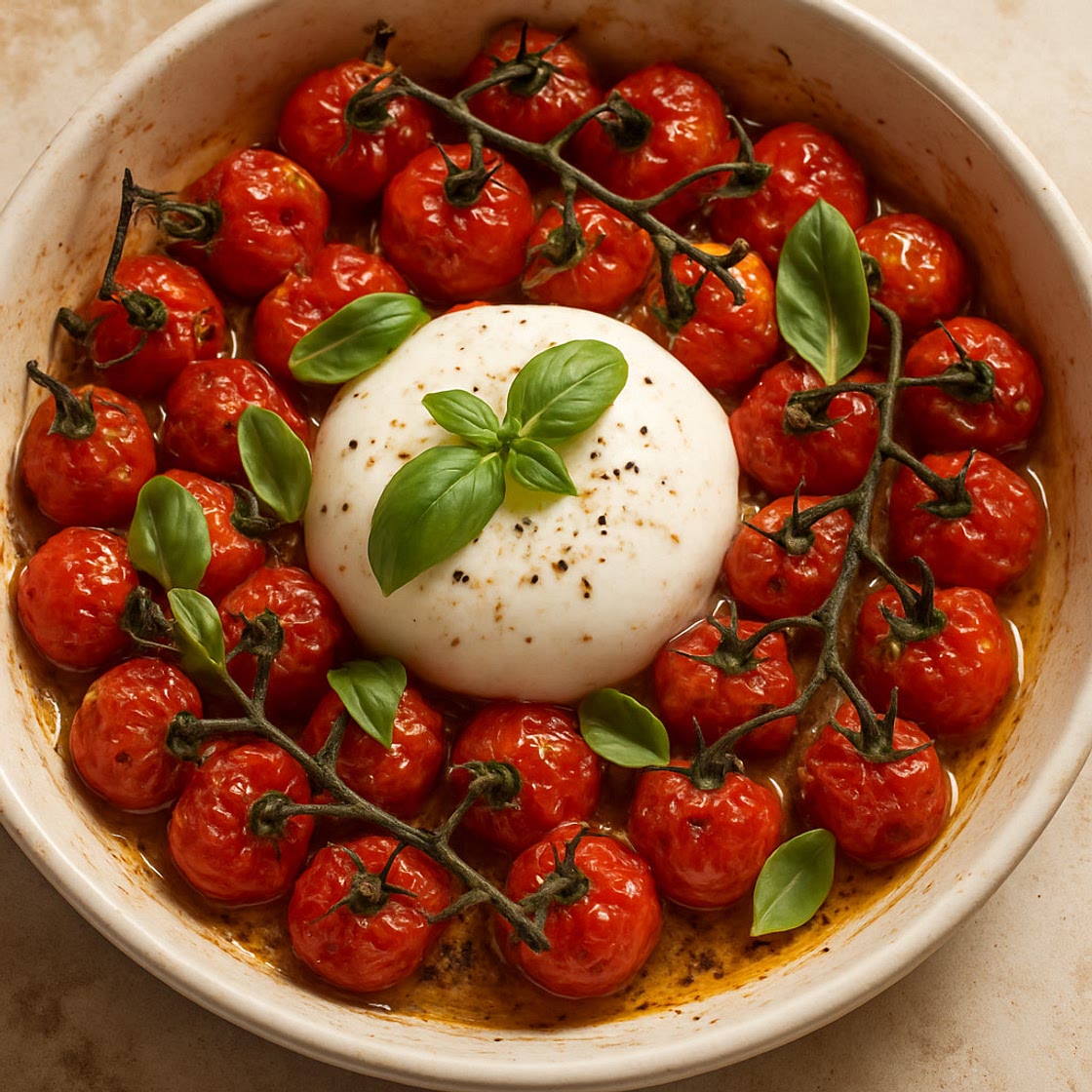 Baked Cherry Tomatoes with Burrata