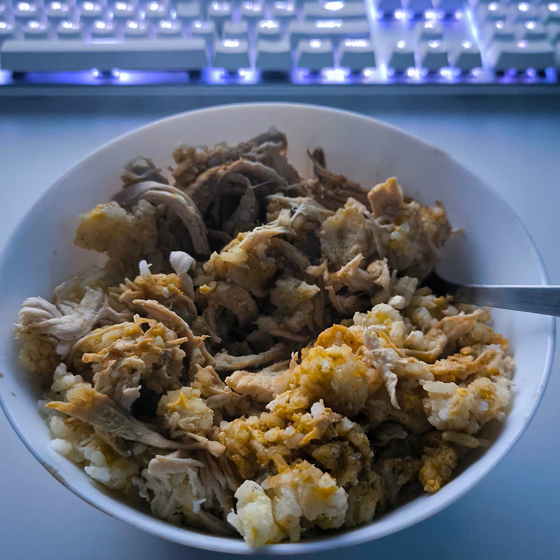 Rice with chicken, egg and soy sauce