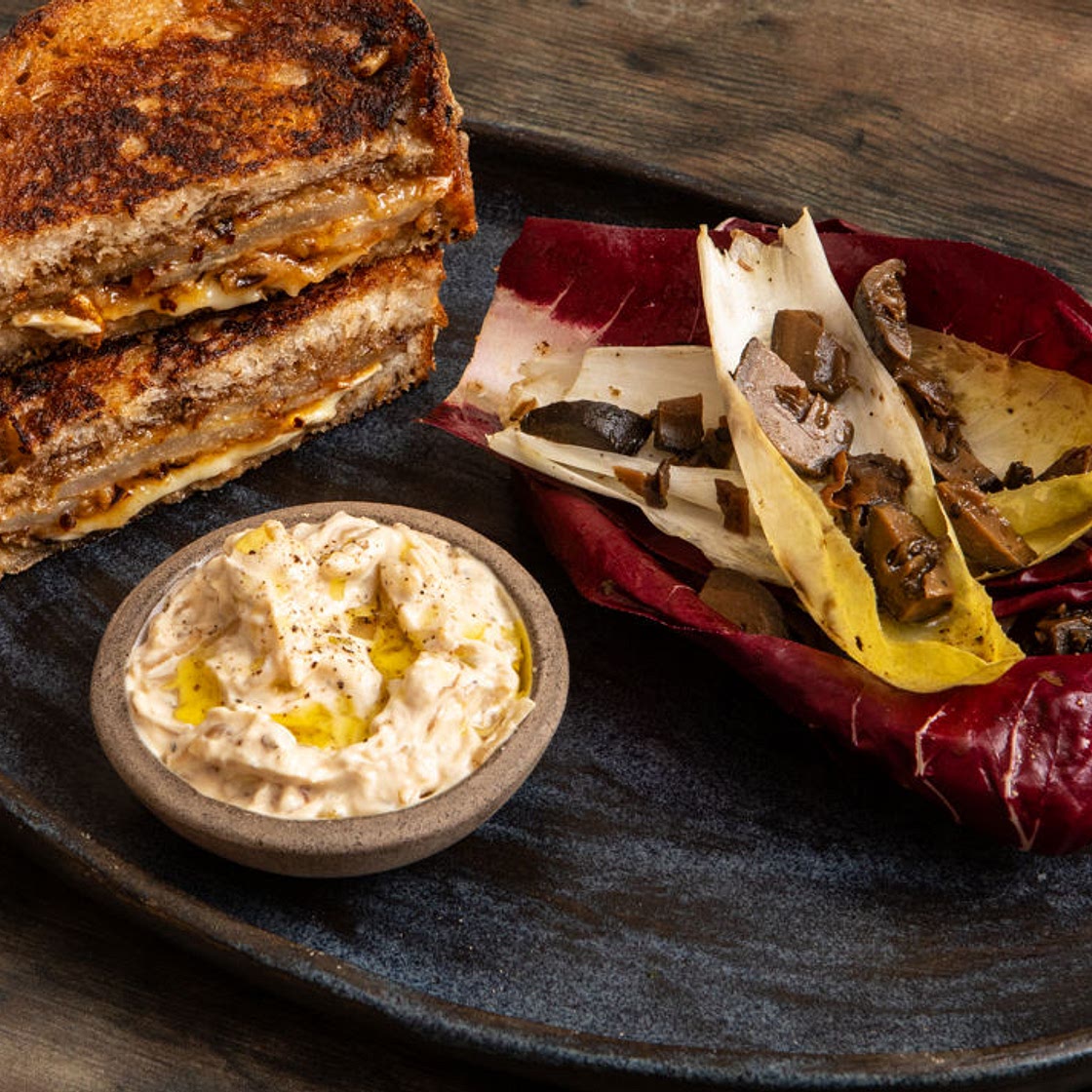 Buttered Pear, Brie and Manchego Toastie with Onion Crème Fraîche Recipe