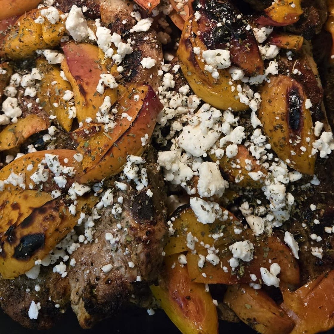 Skillet Balsamic Peach Pork Chops with Feta and Basil