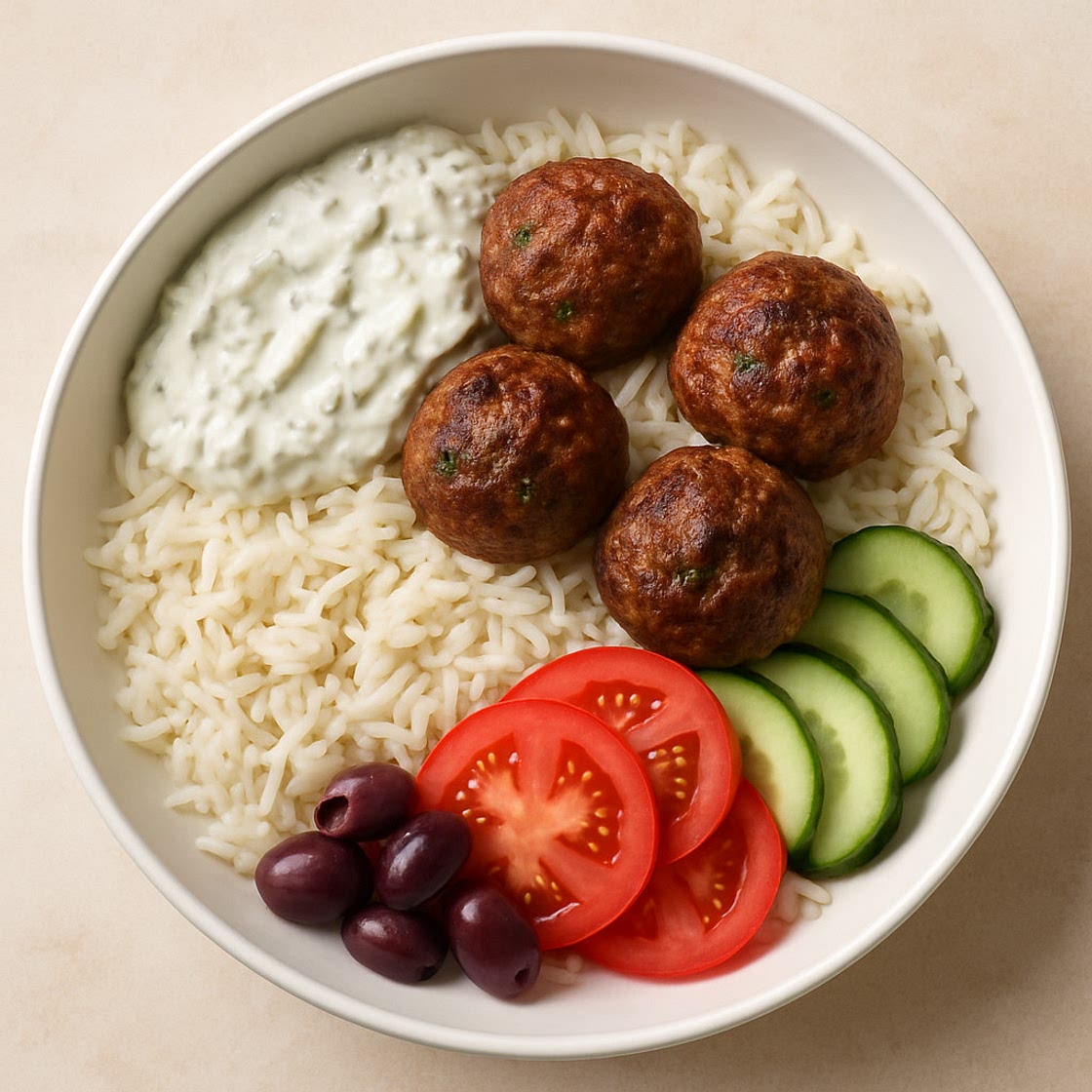 Greek Meatball Bowl with Tzatziki, Rice & Fresh Veggies