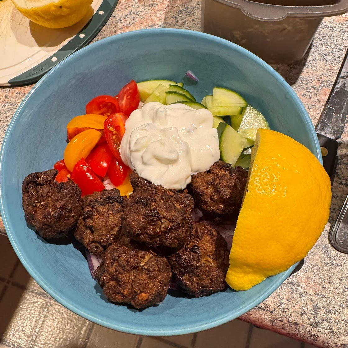 Greek Meatball Bowl with Tzatziki, Rice & Fresh Veggies