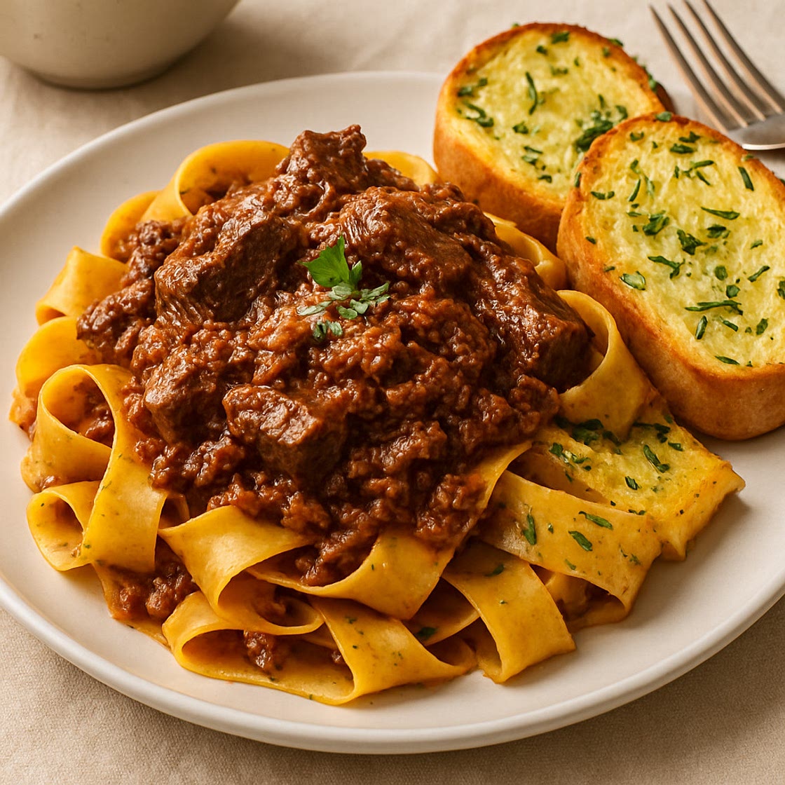 Healthier Braised Beef Bolognese Pappardelle with Rosemary Garlic Bread