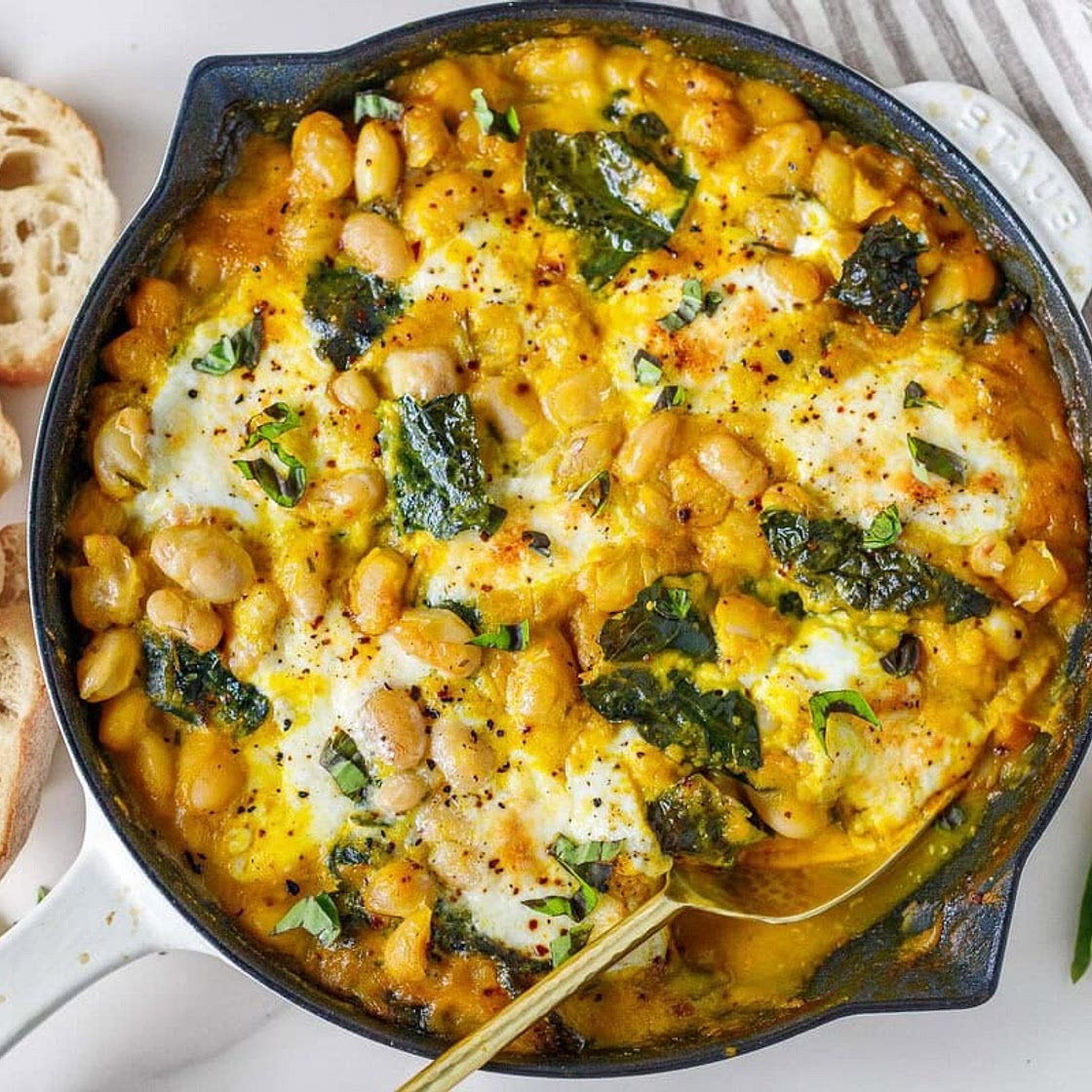 Baked Beans with Butternut Sauce, Burrata and Kale