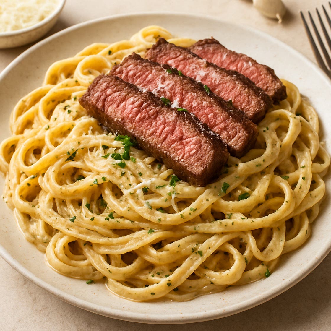 Garlic Parmesan Steak Pasta