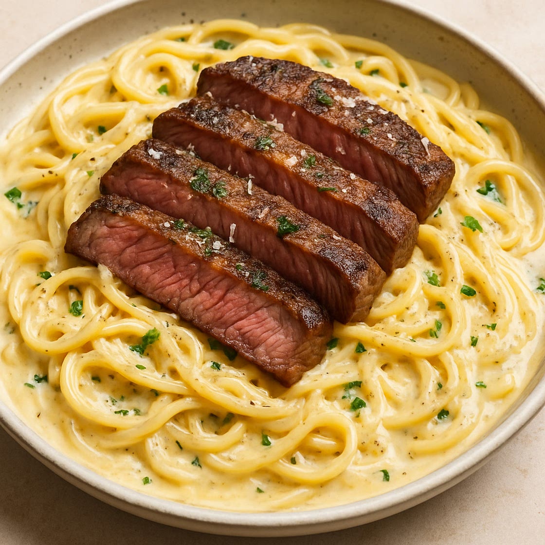 Steak Spaghetti in Creamy Southern Garlic Parmesan Sauce