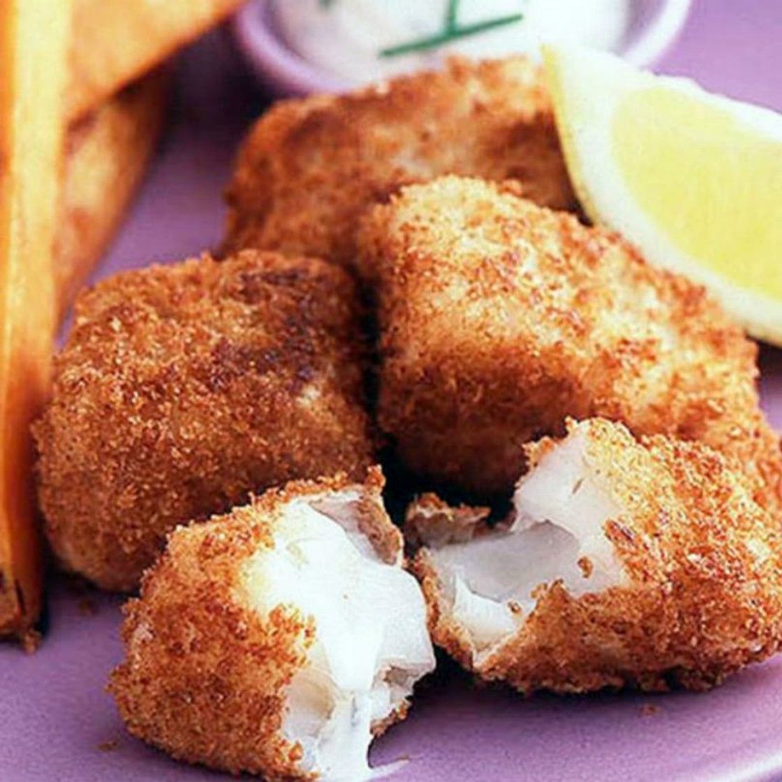 Crispy cod nuggets with sweet potato wedges recipe