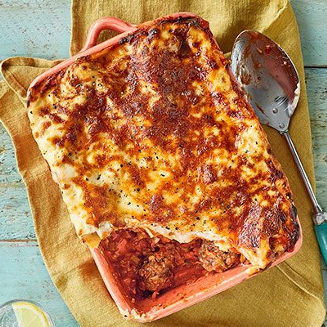 Veg-packed meatball lasagne
