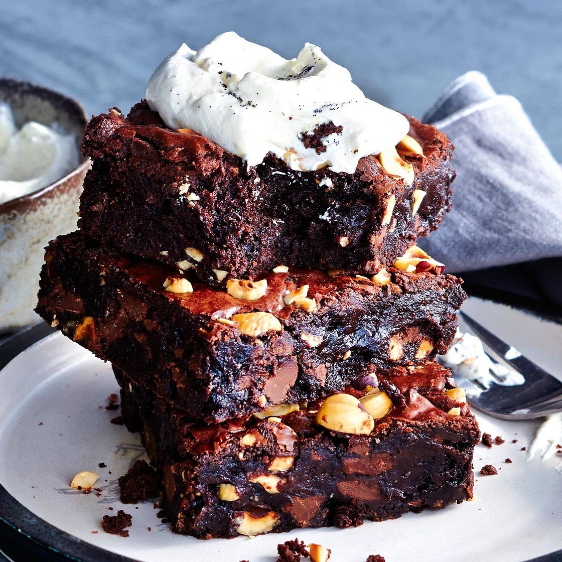 Rich hazelnut brownies with vanilla creme fraiche
