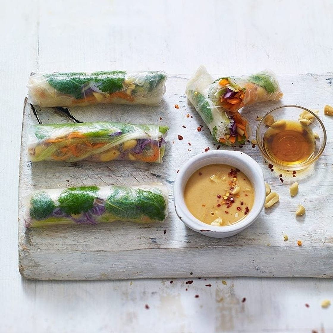 Vegetarian summer rolls with peanut dipping sauce