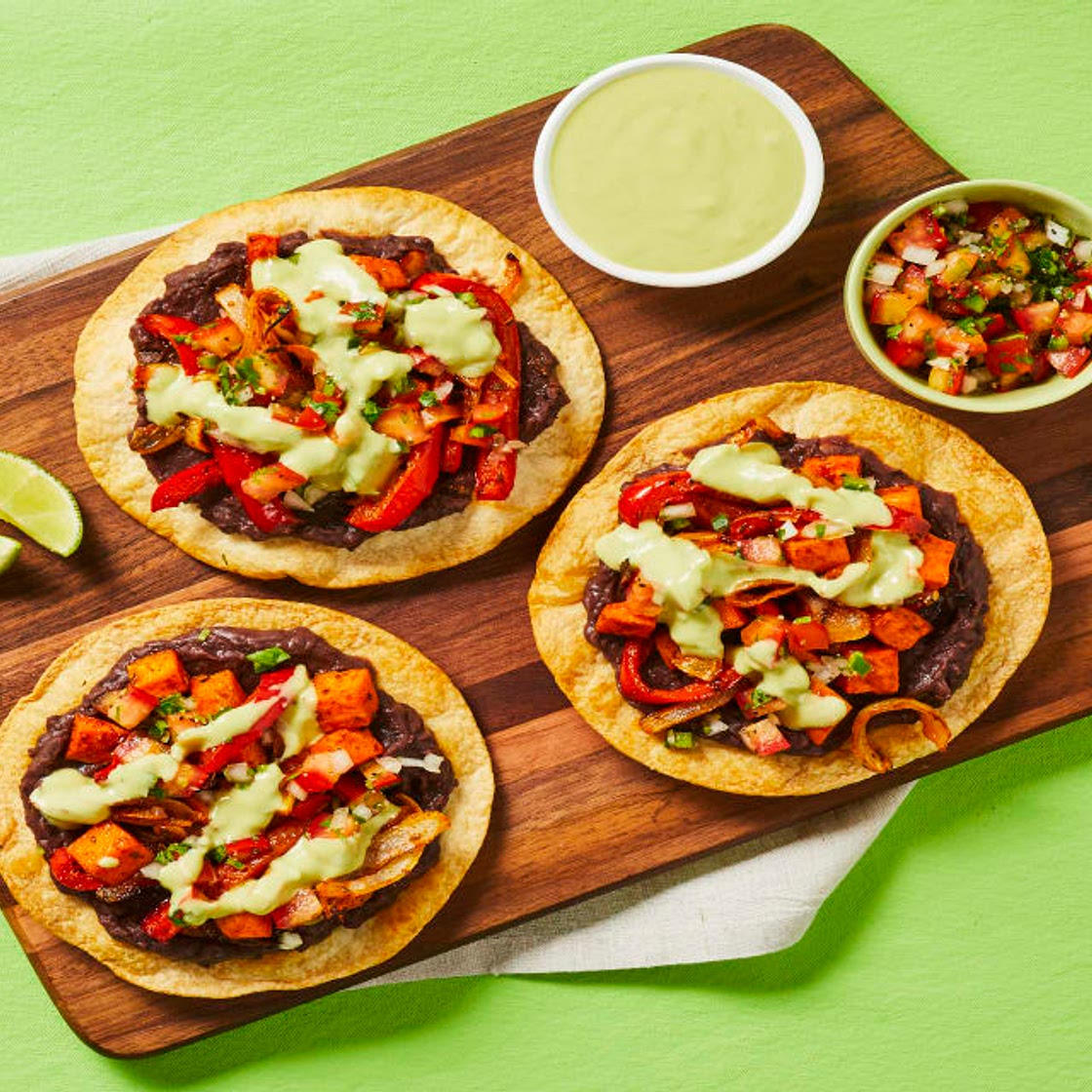 Vegan Sweet Potato & Black Bean Tostadas with Bell Pepper, Salsa & Creamy Guacamole