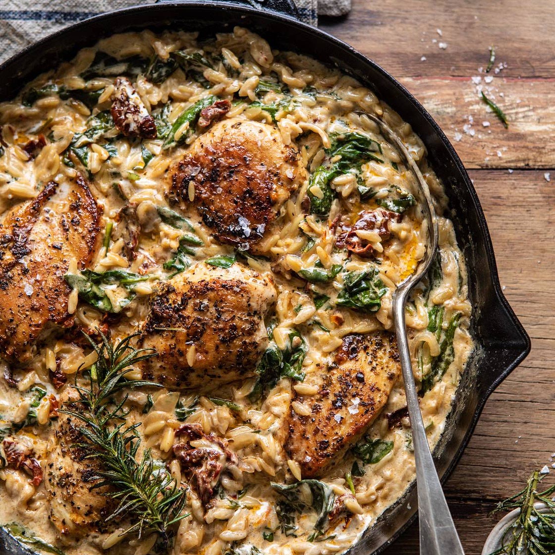 One Skillet Creamy Sun-Dried Tomato Chicken and Orzo