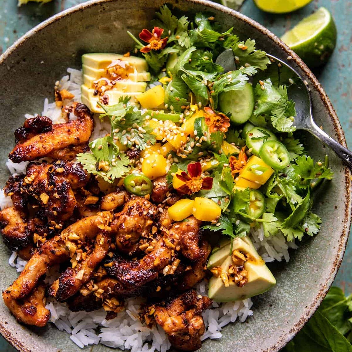 Chili Crisp Chicken Mango Cucumber Rice Bowl