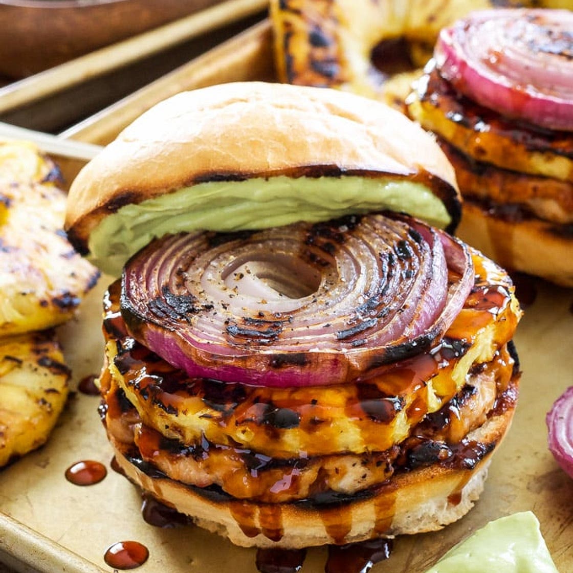 Teriyaki Turkey Burgers with Grilled Pineapple and Onions