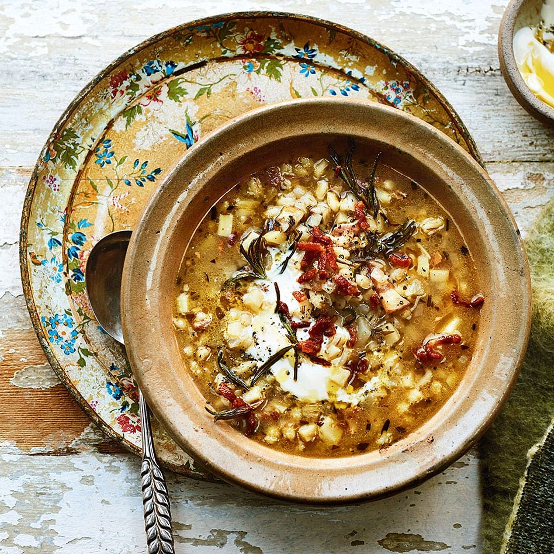 Celeriac, bacon and barley soup