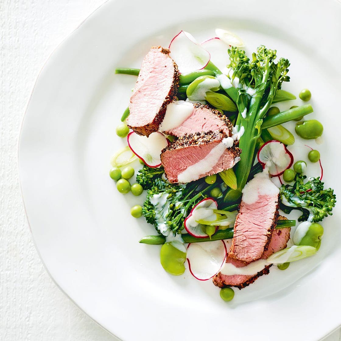 Spring vegetables with pepper-crusted lamb