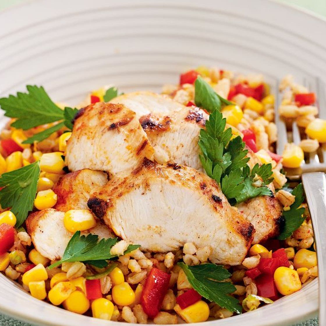 Lime-spiced chicken with pearl barley & corn salad