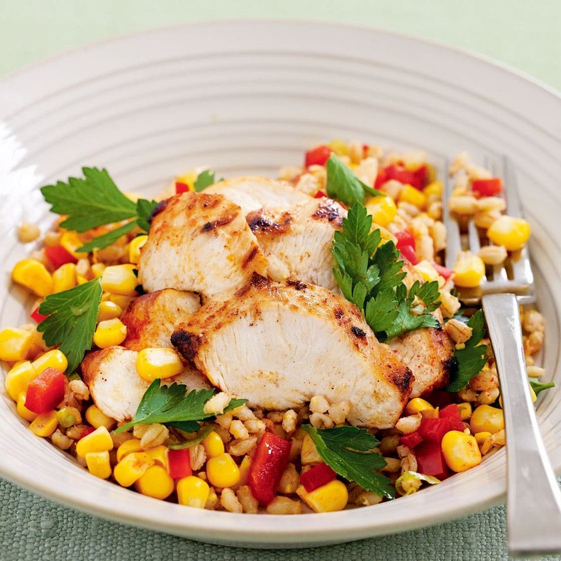 Lime-spiced chicken with pearl barley & corn salad