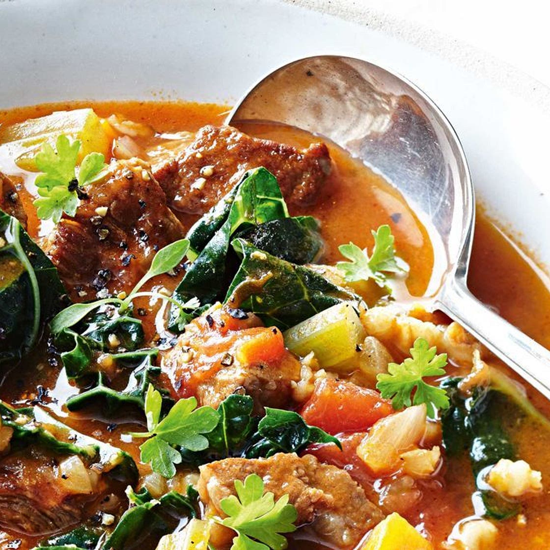 Slow-cooked beef and barley soup