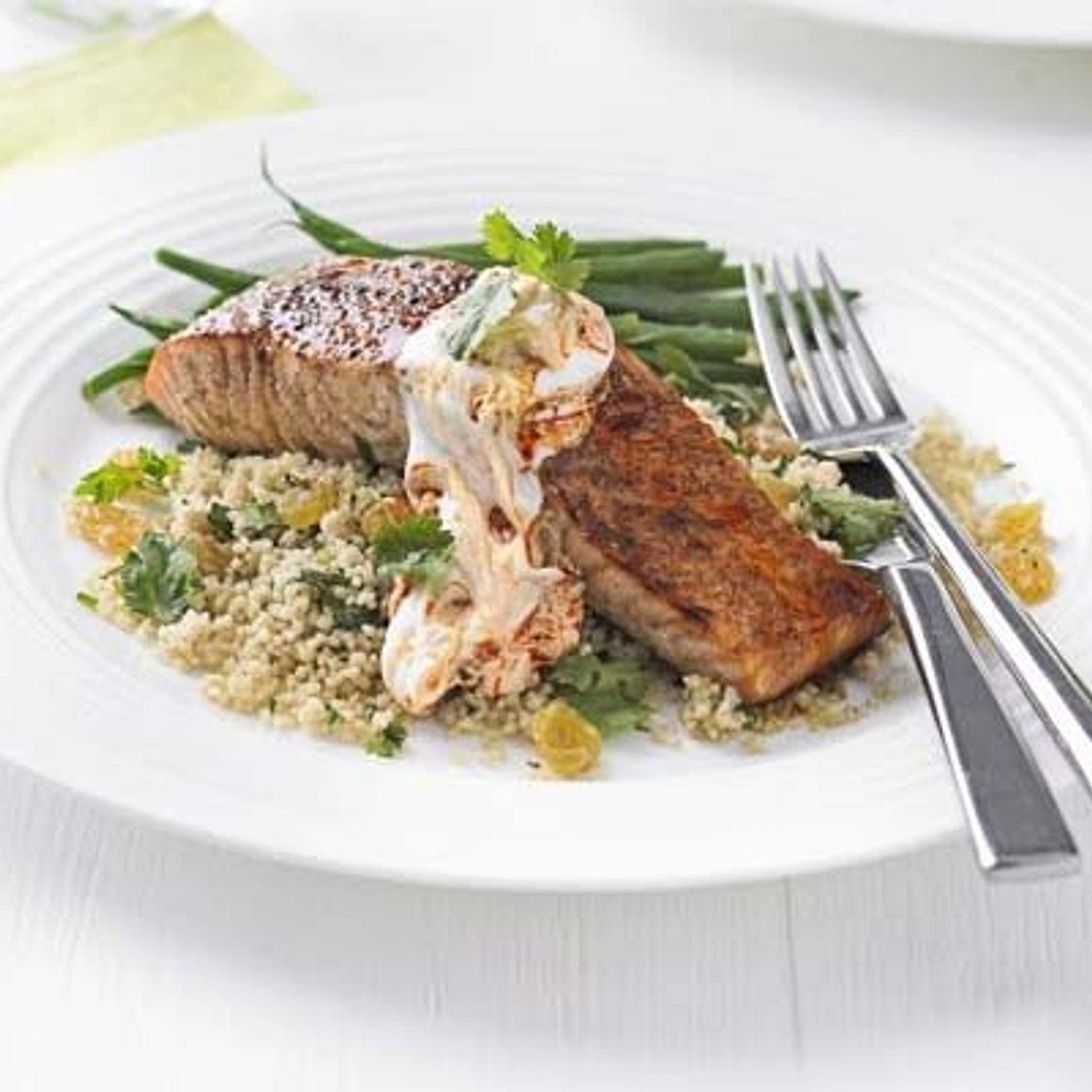 Cinnamon rubbed salmon with couscous & harissa yogurt