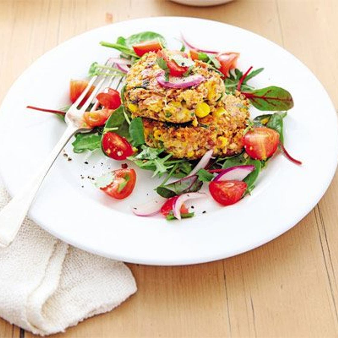 Cheesy bean & sweetcorn cakes with quick salsa