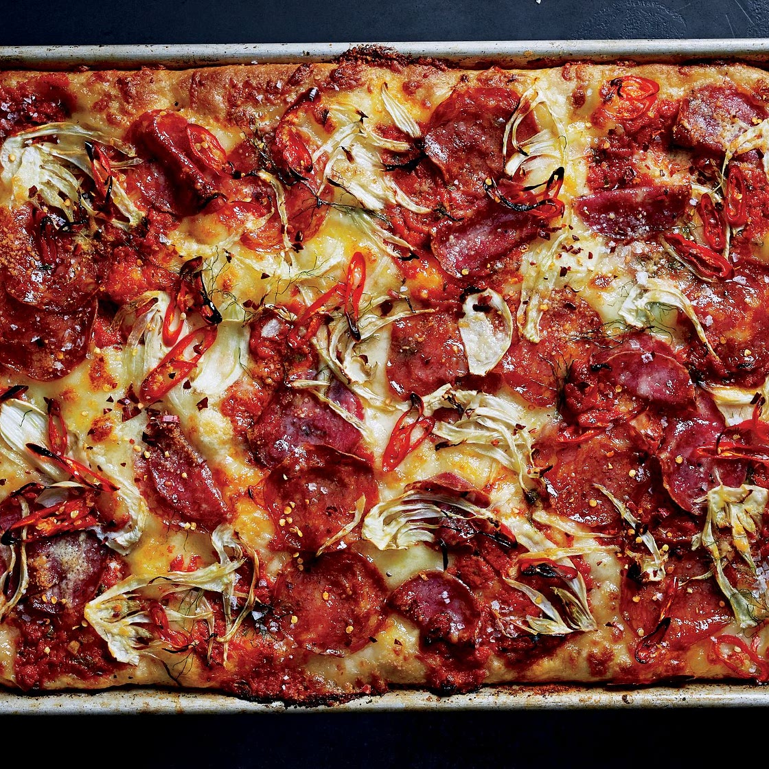 Hot and Sweet Soppressata and Fennel Grandma Pie