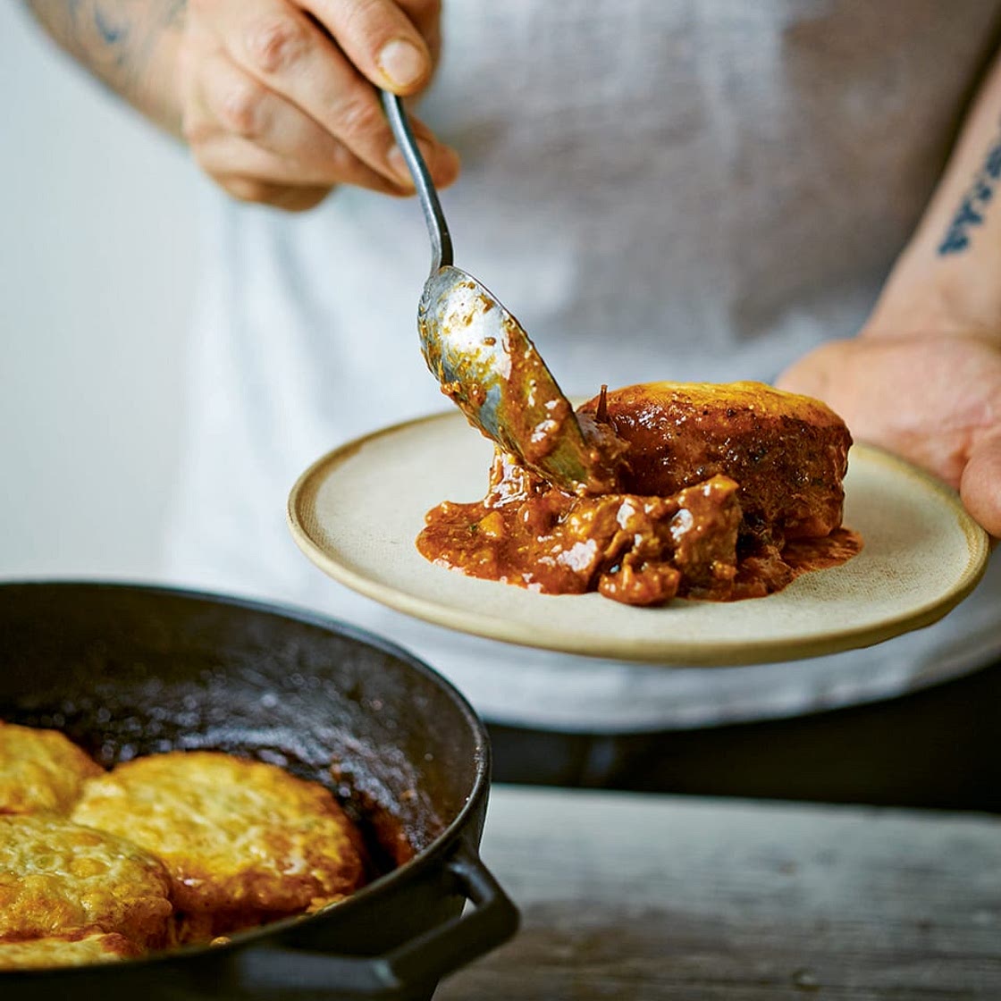 Barbecue spiced beef stew with cheesy scone topping