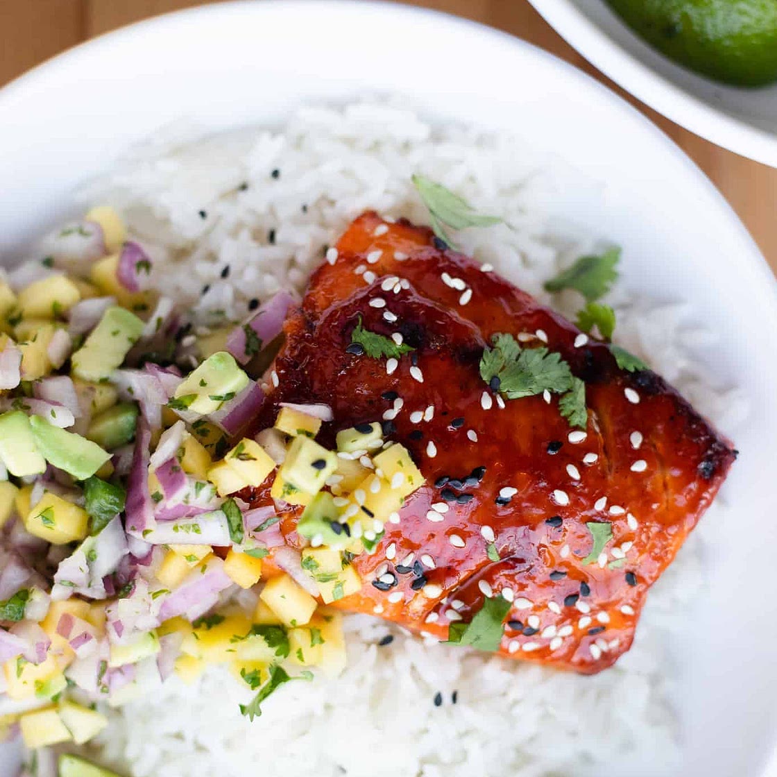BBQ Salmon Bowls with Mango Avocado Salsa