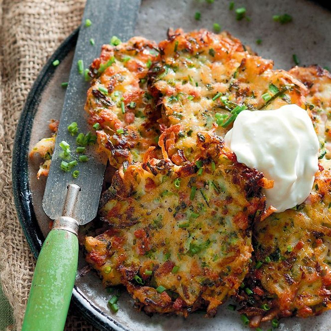 Zucchini and bacon fritters with garlic yoghurt