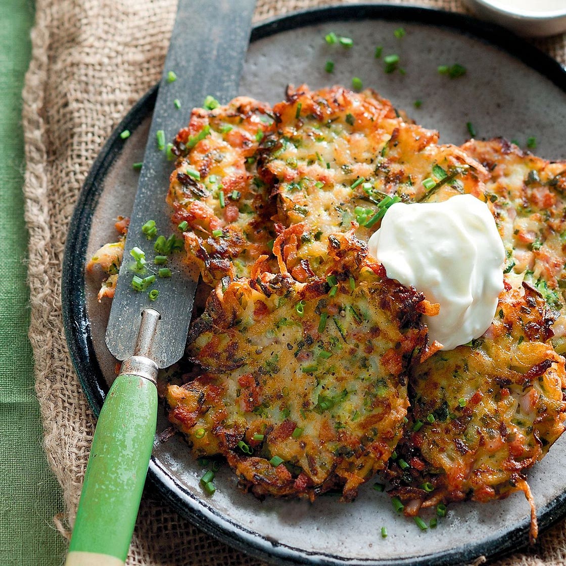 Zucchini and bacon fritters with garlic yoghurt