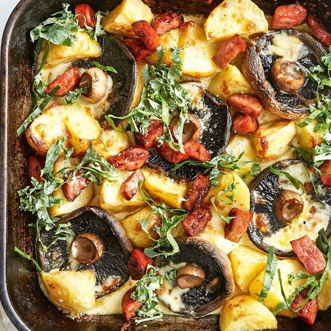 Cheesy chorizo, potato and mushroom bake recipe
