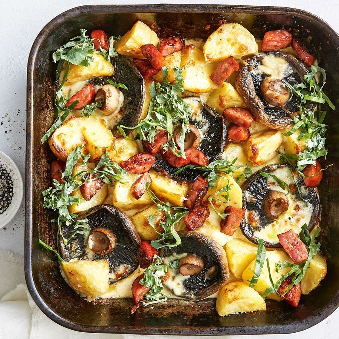 Cheesy chorizo, potato and mushroom bake recipe