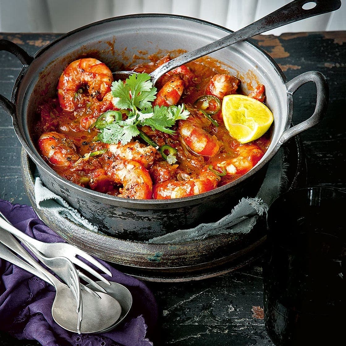 Smoky prawns with tomato and coriander