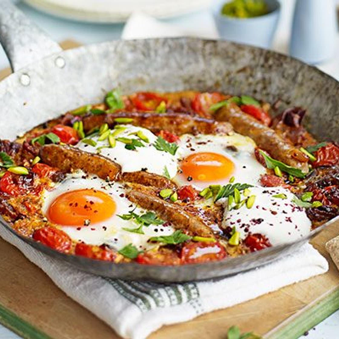 Middle Eastern eggs with merguez & pistachios