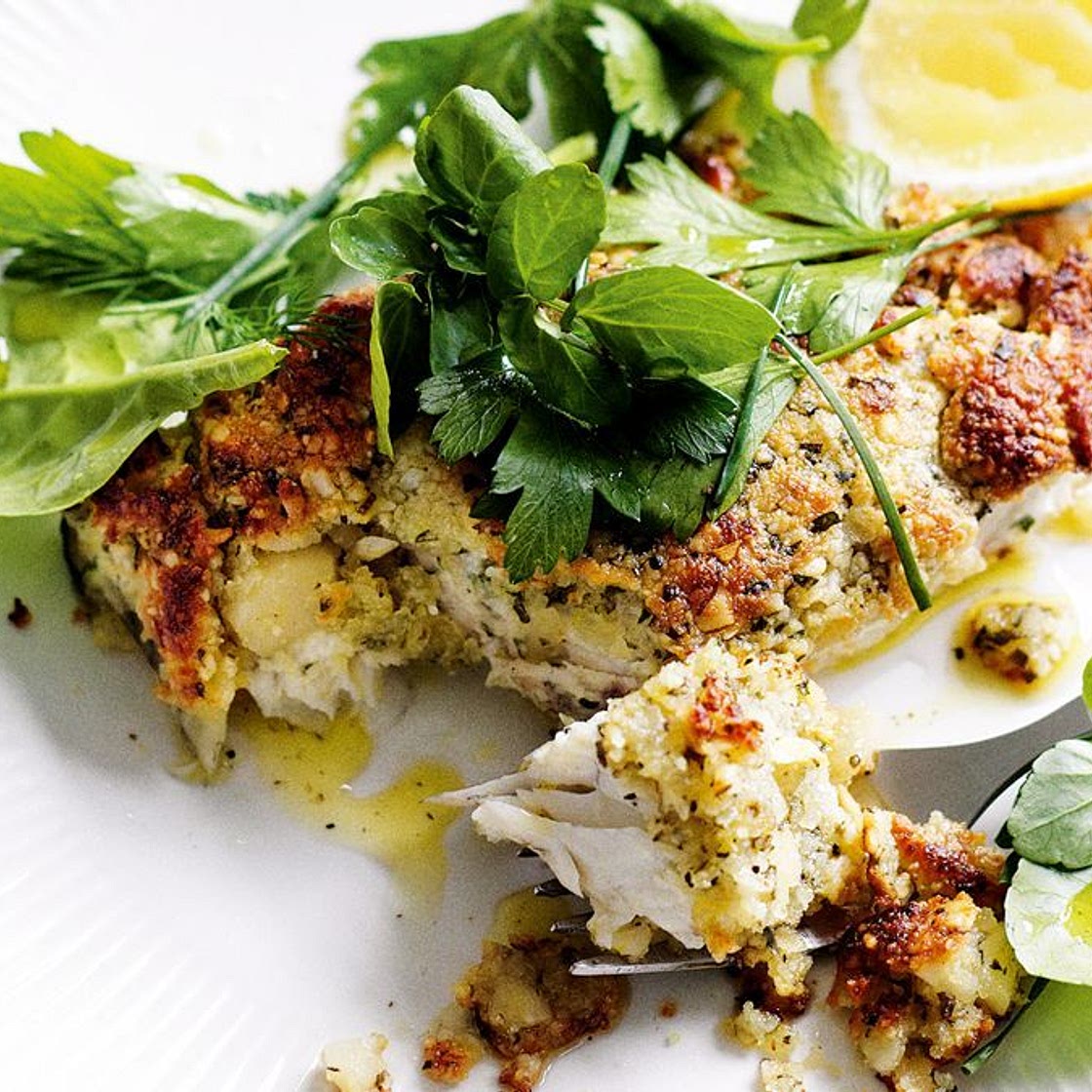 Macadamia-crusted fish with herb salad