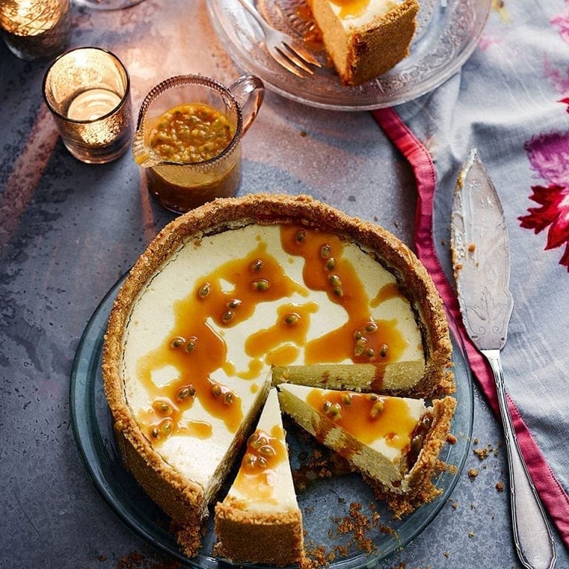 Coconut and lime cheesecake with passion fruit caramel