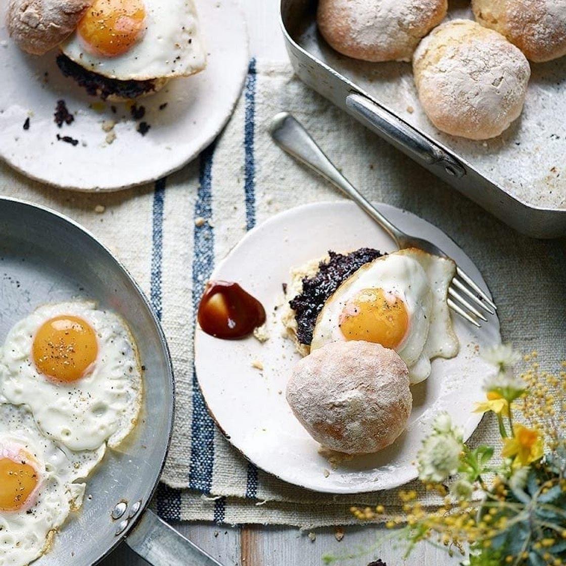 Egg and black pudding on Scottish morning rolls