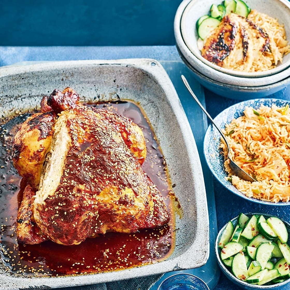 Korean-spiced roast chicken with kimchi fried rice