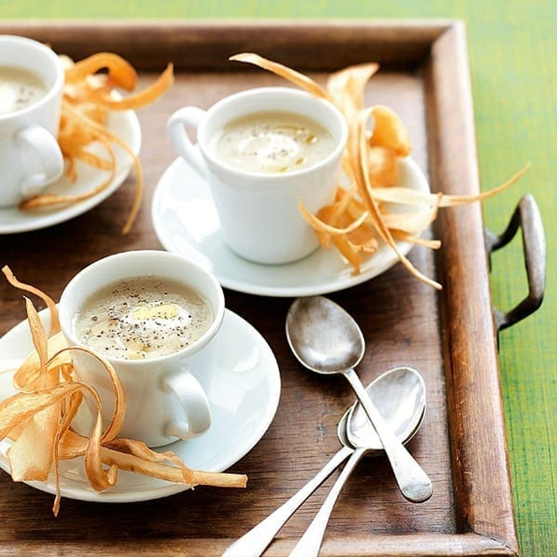Artichoke soup and parsnip crisps