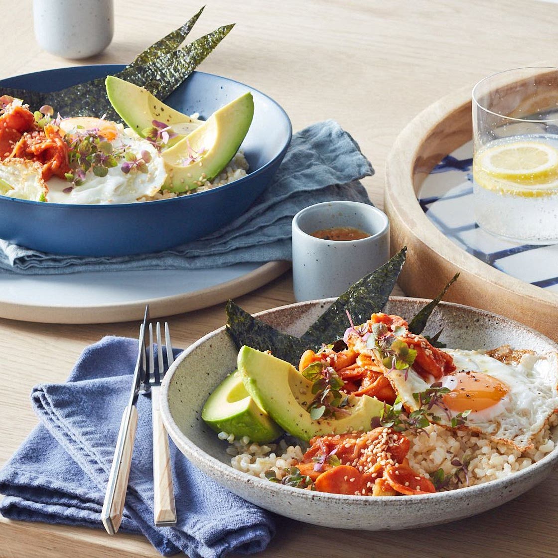 Kimchi, fried egg and brown rice brekkie bowl