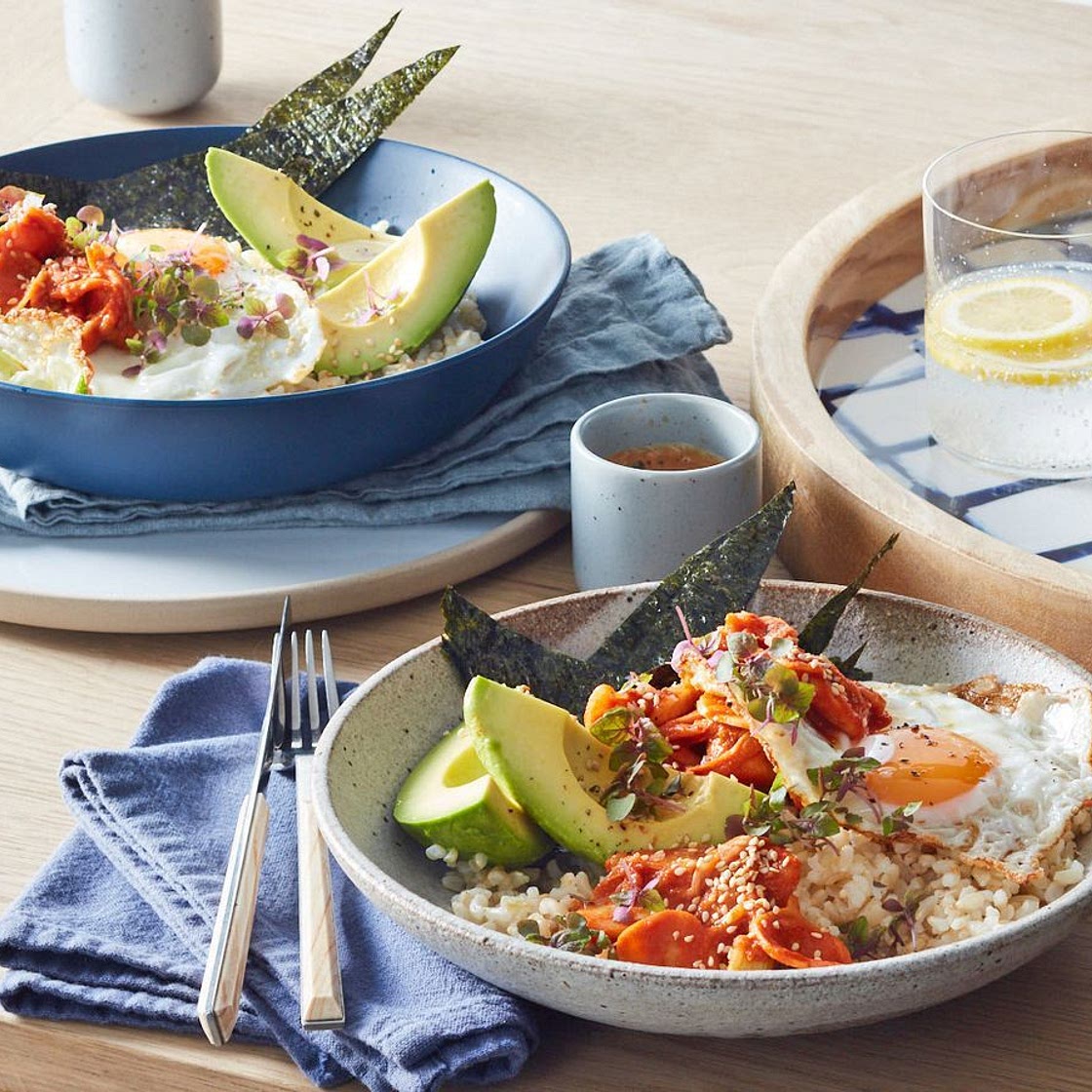 Kimchi, fried egg and brown rice brekkie bowl